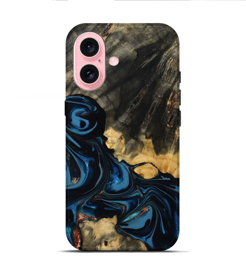 iPhone 16 Wood Live Edge Phone Case - Myra (Teal & Gold, 814404)
