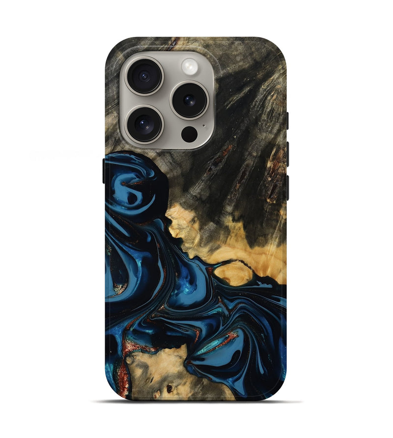 iPhone 16 Pro Wood Live Edge Phone Case - Myra (Teal & Gold, 814404)
