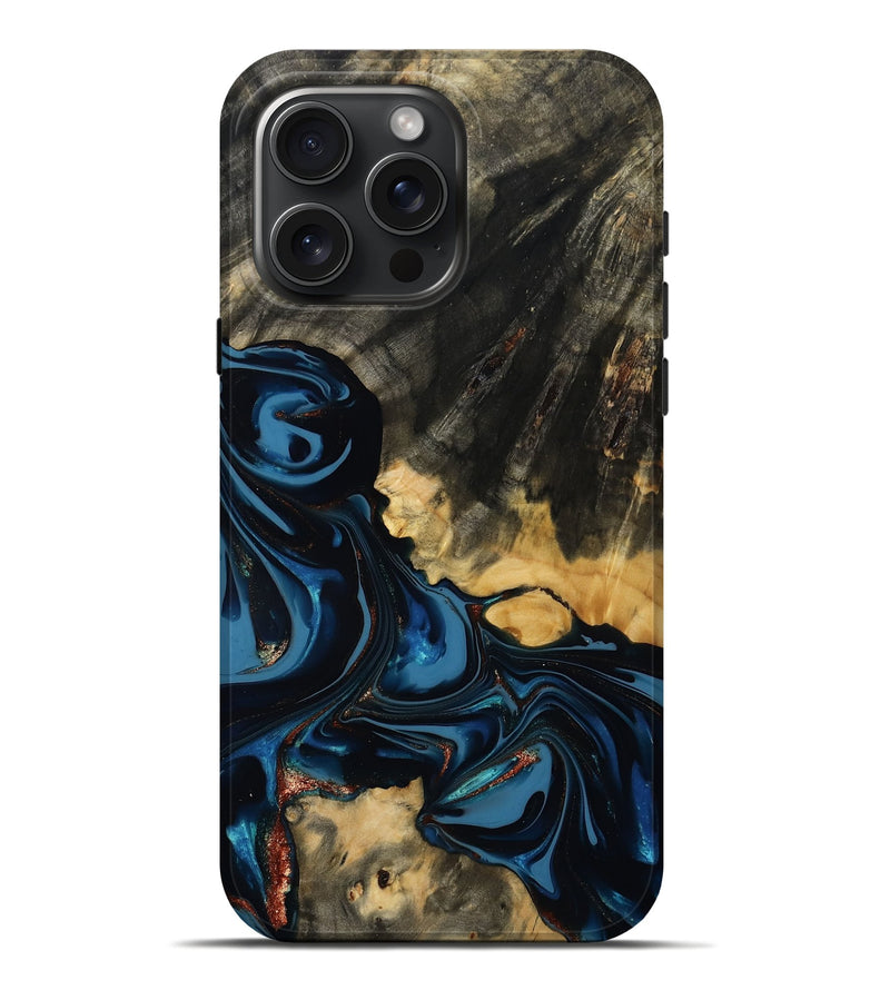iPhone 16 Pro Max Wood Live Edge Phone Case - Myra (Teal & Gold, 814404)