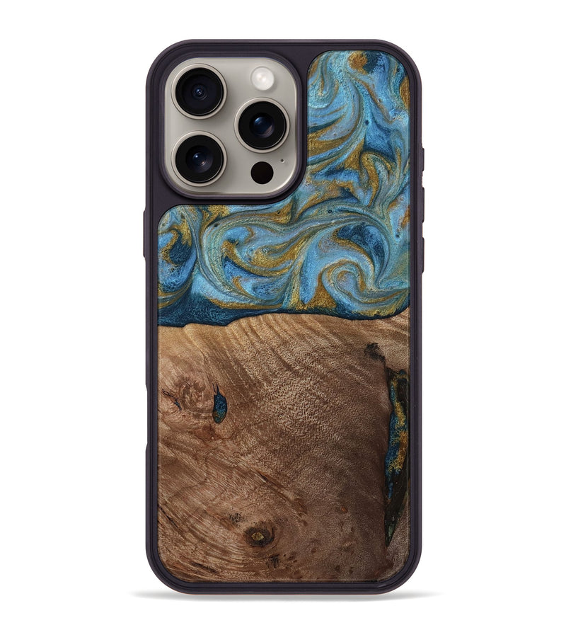 iPhone 16 Pro Max Wood Phone Case - Altha (Teal & Gold, 814501)