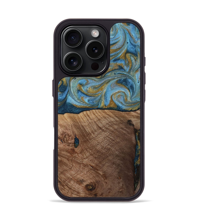 iPhone 16 Pro Wood Phone Case - Altha (Teal & Gold, 814501)