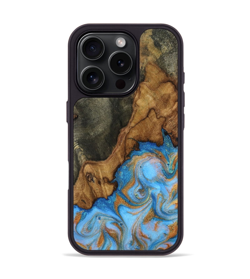 iPhone 16 Pro Wood Phone Case - Silvia (Teal & Gold, 814529)