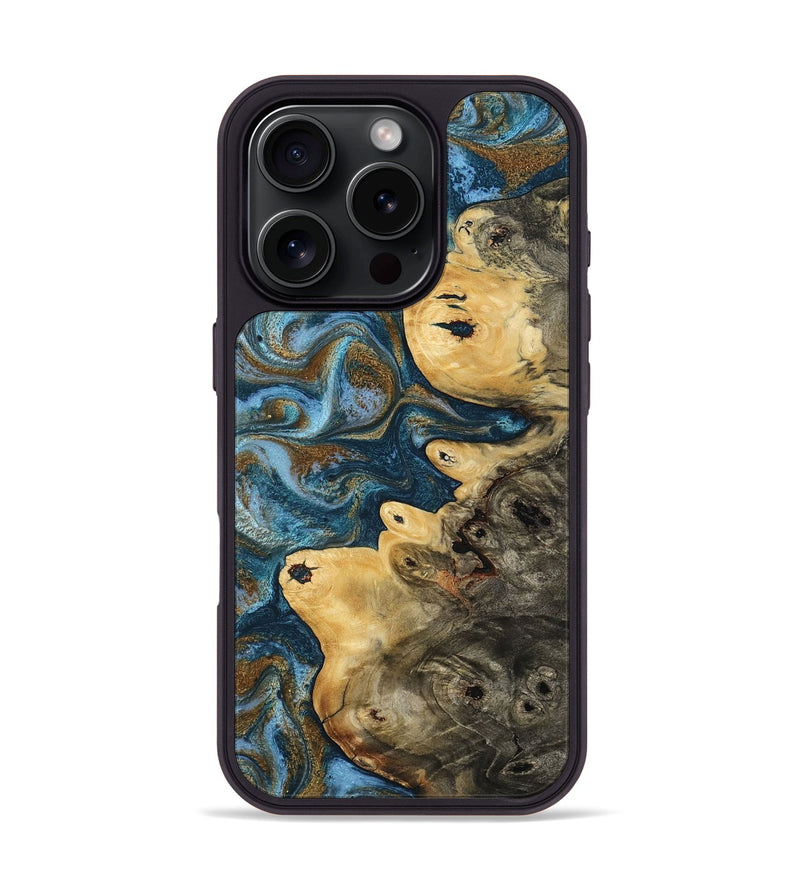 iPhone 16 Pro Wood Phone Case - Matteo (Teal & Gold, 814530)
