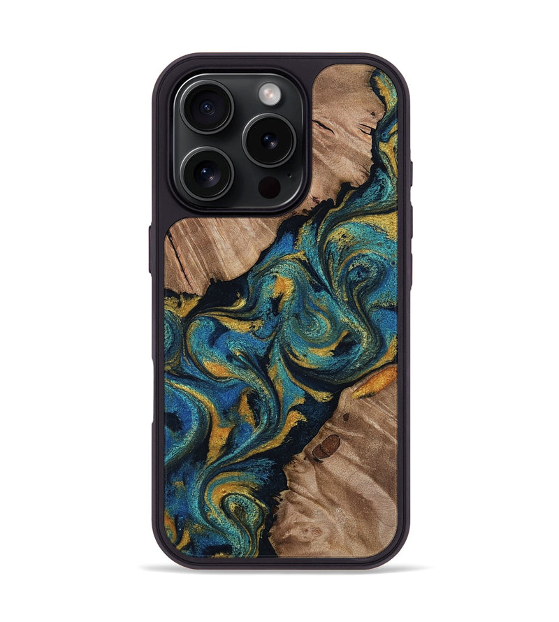 iPhone 16 Pro Wood Phone Case - Shyanne (Teal & Gold, 814531)