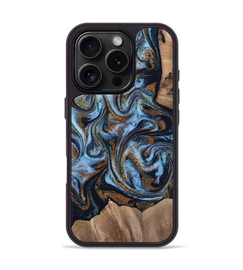 iPhone 16 Pro Wood Phone Case - Inga (Teal & Gold, 814532)