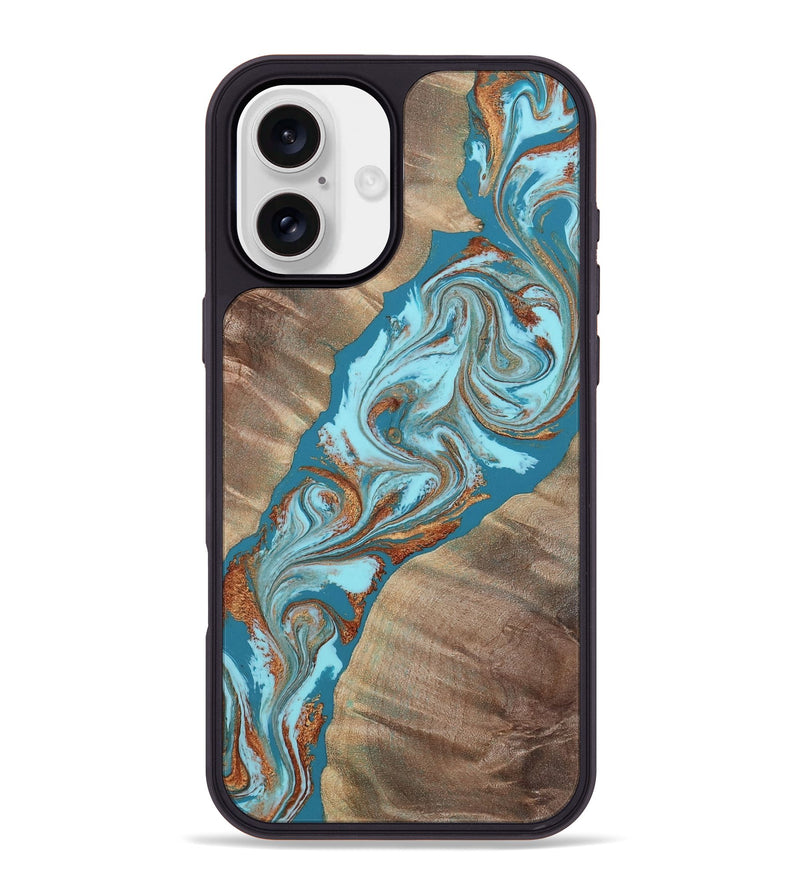 iPhone 16 Plus Wood Phone Case - Legend (Teal & Gold, 814536)