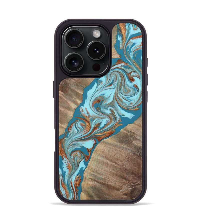 iPhone 16 Pro Wood Phone Case - Legend (Teal & Gold, 814536)
