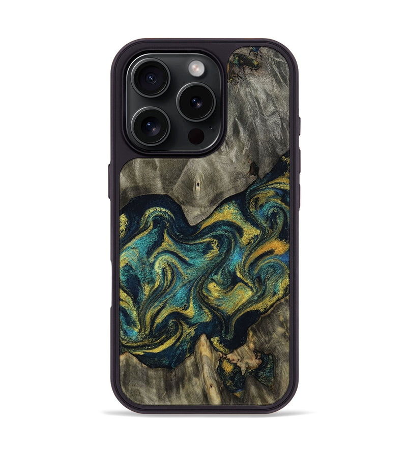 iPhone 16 Pro Wood Phone Case - Urban (Teal & Gold, 814537)