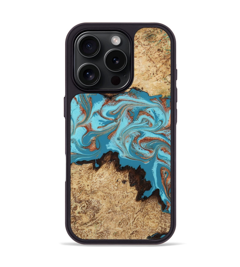 iPhone 16 Pro Wood Phone Case - Levy (Teal & Gold, 814627)