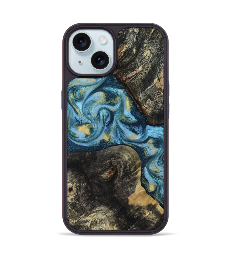 iPhone 15 Wood Phone Case - Alize (Teal & Gold, 814700)