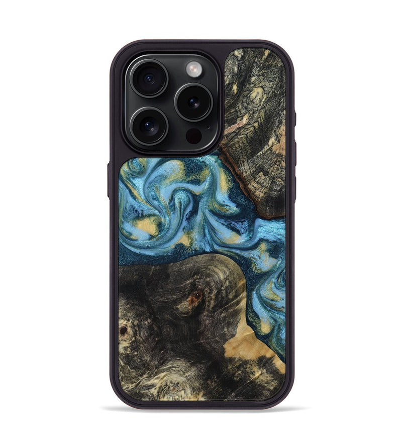 iPhone 15 Pro Wood Phone Case - Alize (Teal & Gold, 814700)