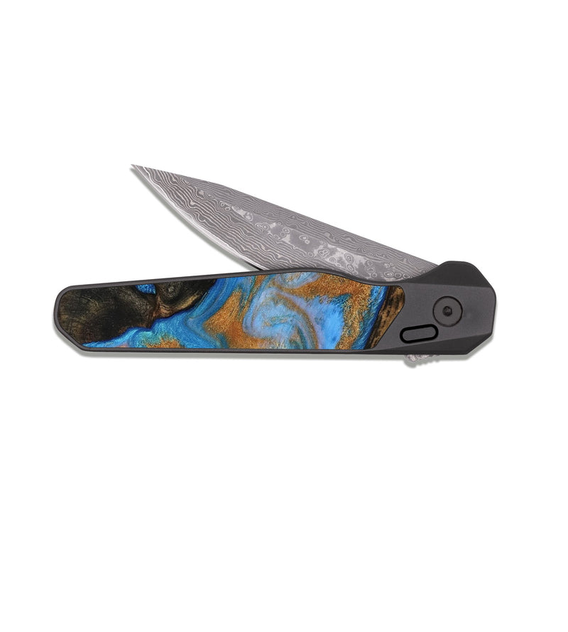 EDC Dark Damascus Wood Pocket Knife - Zander (Teal & Gold, 815233)