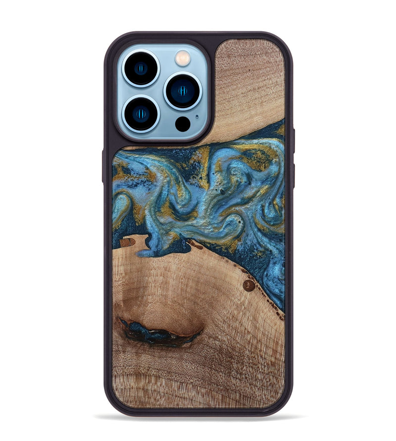 iPhone 14 Pro Max Wood Phone Case - Emmer (Teal & Gold, 815235)
