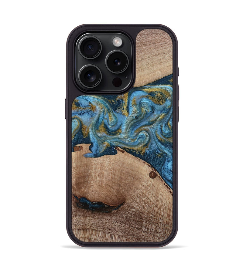 iPhone 15 Pro Wood Phone Case - Emmer (Teal & Gold, 815235)
