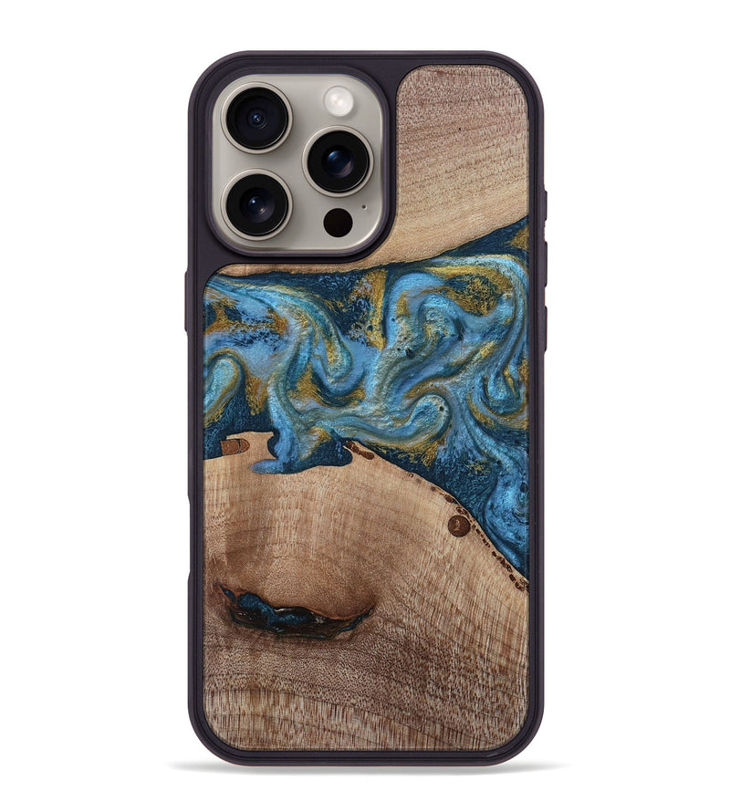 iPhone 16 Pro Max Wood Phone Case - Emmer (Teal & Gold, 815235)