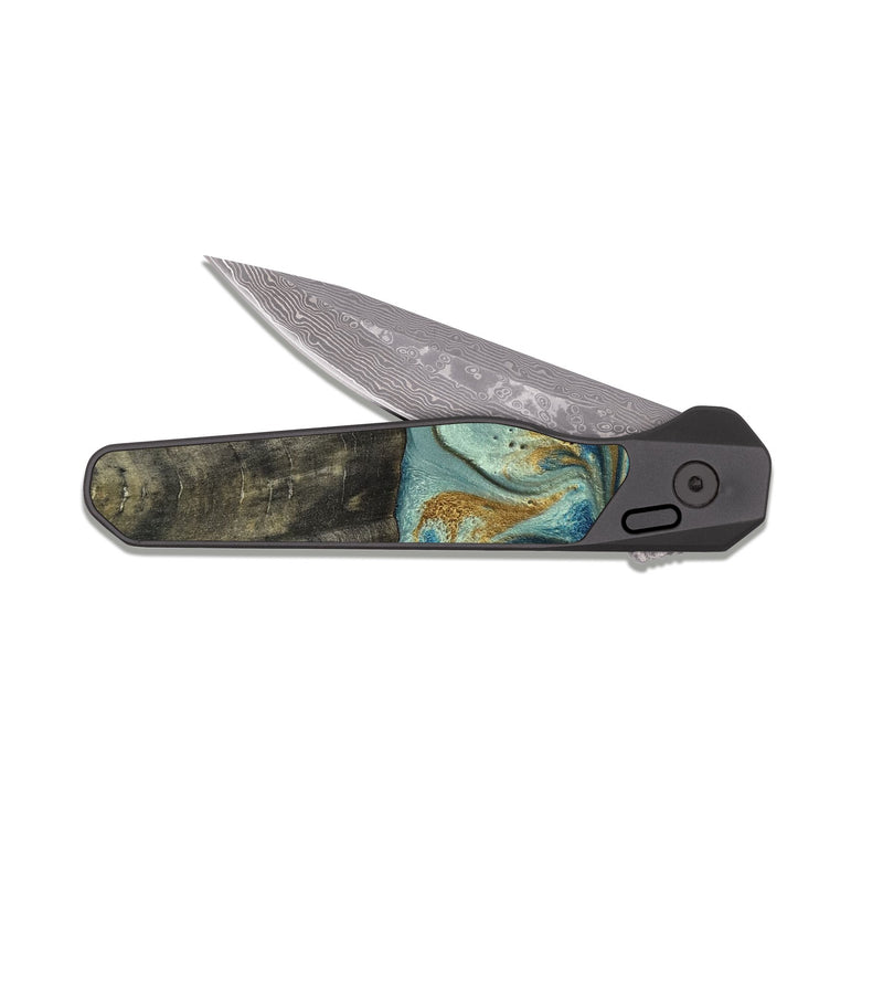 EDC Dark Damascus Wood Pocket Knife - Oren (Teal & Gold, 815309)