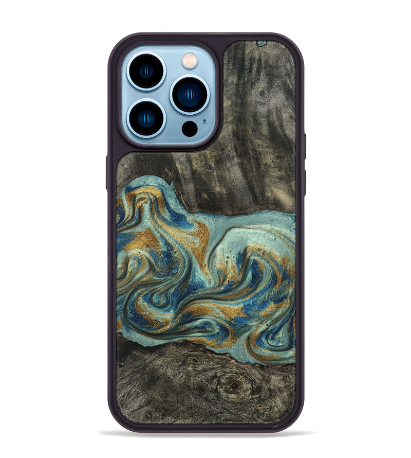 iPhone 14 Pro Max Wood Phone Case - Oren (Teal & Gold, 815309)