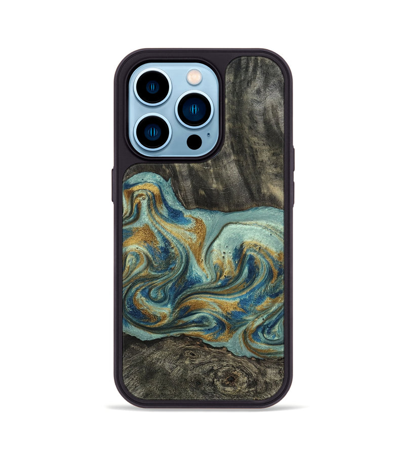 iPhone 14 Pro Wood Phone Case - Oren (Teal & Gold, 815309)