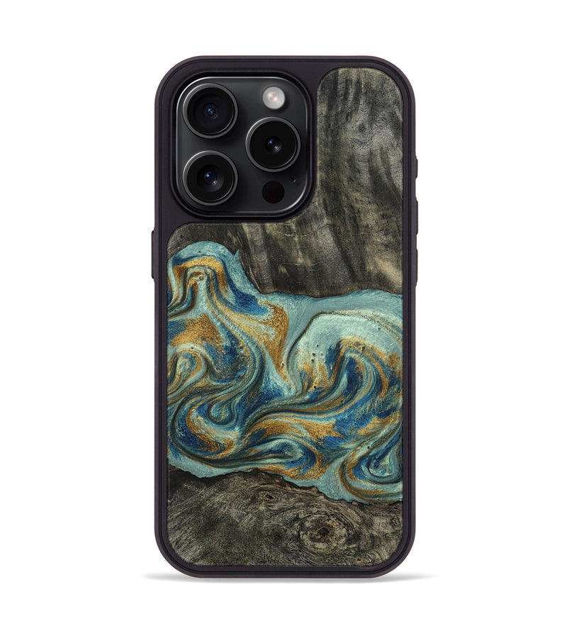 iPhone 15 Pro Wood Phone Case - Oren (Teal & Gold, 815309)