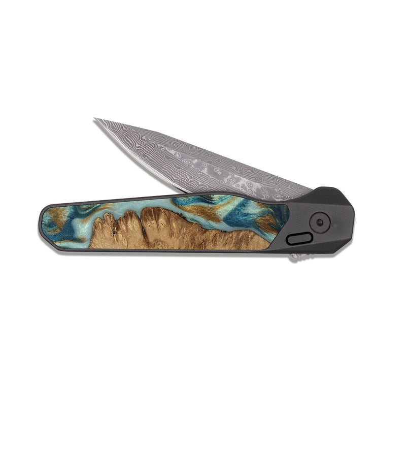 EDC Dark Damascus Wood Pocket Knife - Karly (Teal & Gold, 815310)