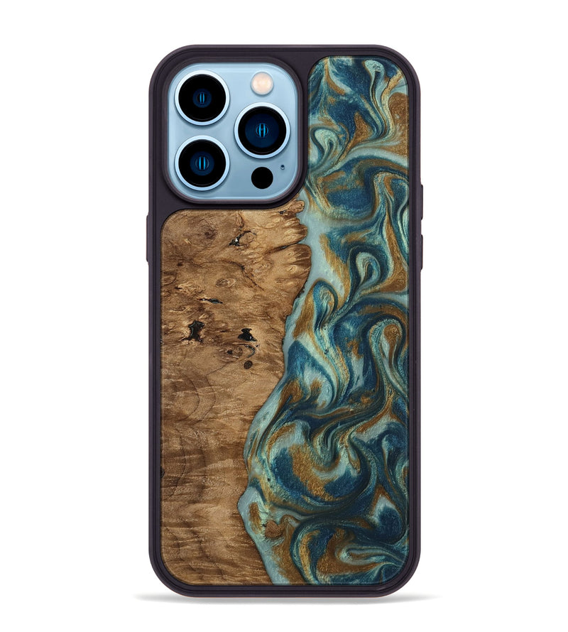 iPhone 14 Pro Max Wood Phone Case - Karly (Teal & Gold, 815310)