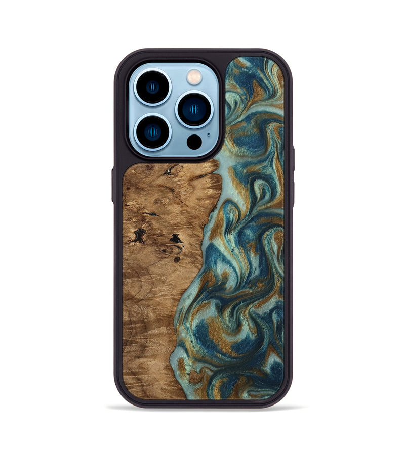 iPhone 14 Pro Wood Phone Case - Karly (Teal & Gold, 815310)