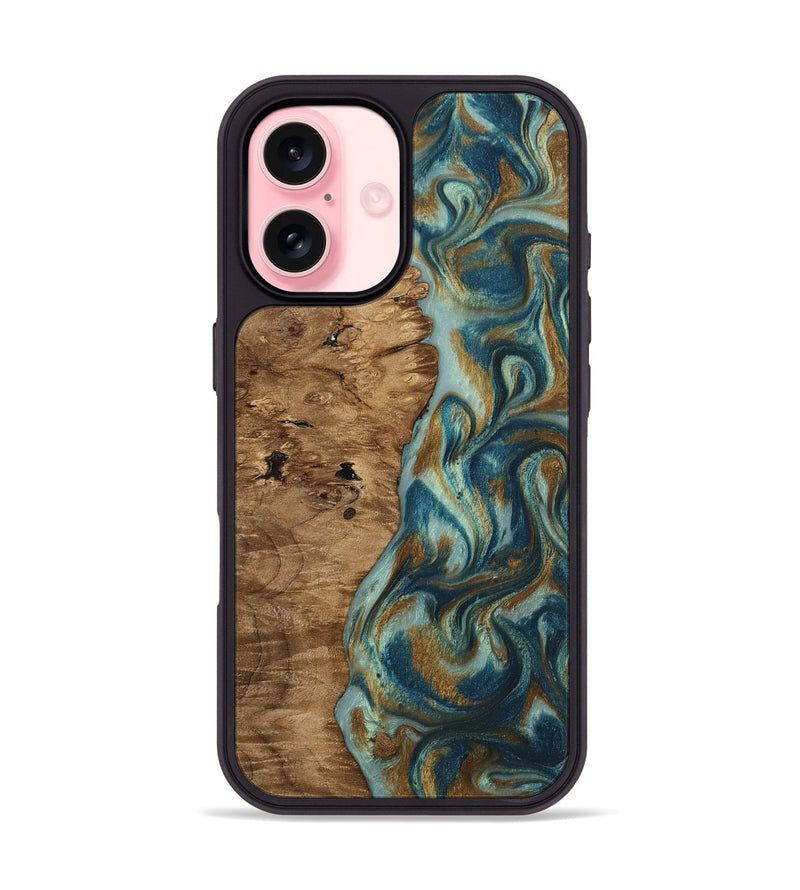 iPhone 16 Wood Phone Case - Karly (Teal & Gold, 815310)