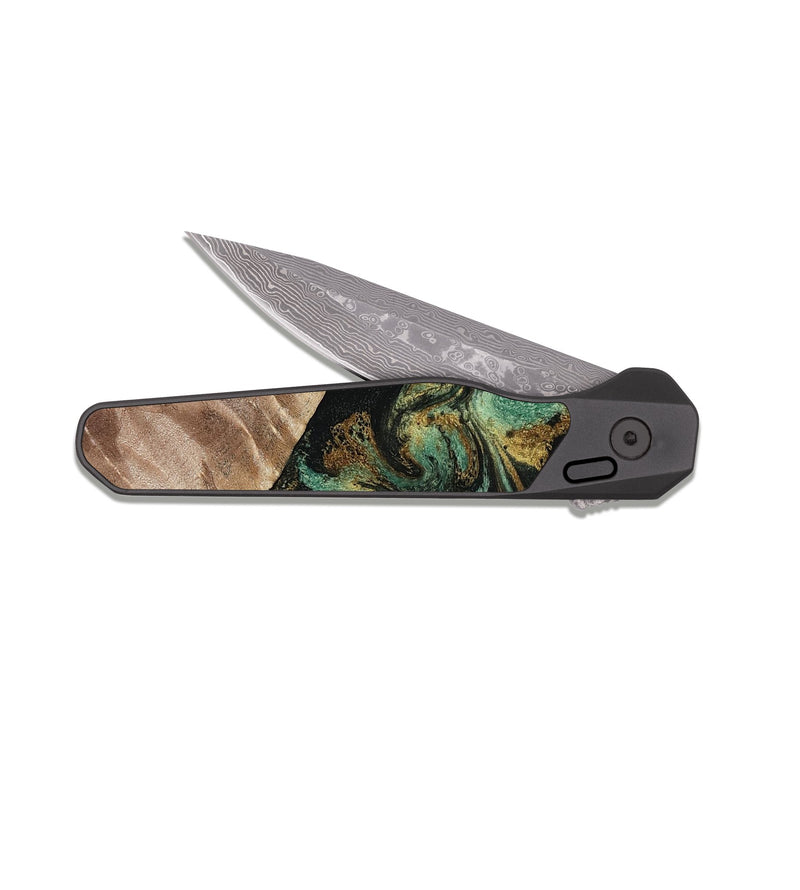 EDC Dark Damascus Wood Pocket Knife - Deron (Green, 815658)