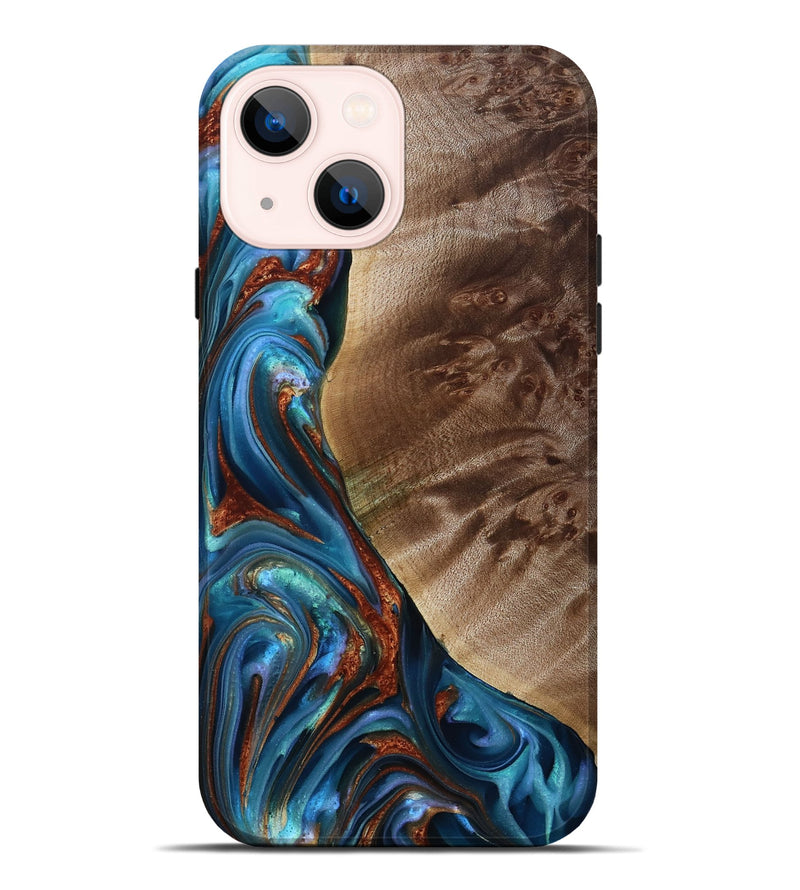 iPhone 14 Plus Wood Live Edge Phone Case - Citlali (Teal & Gold, 815794)