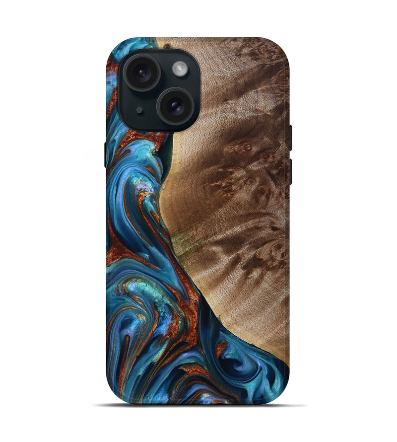 iPhone 15 Wood Live Edge Phone Case - Citlali (Teal & Gold, 815794)