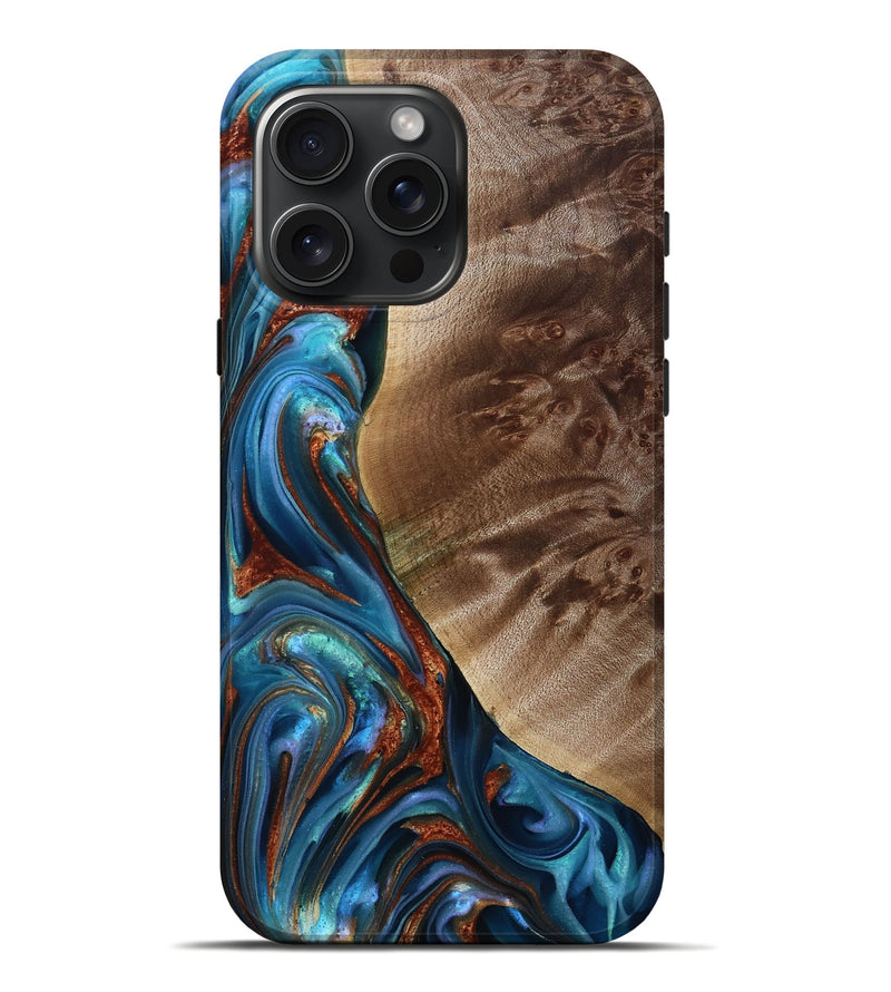 iPhone 16 Pro Max Wood Live Edge Phone Case - Citlali (Teal & Gold, 815794)