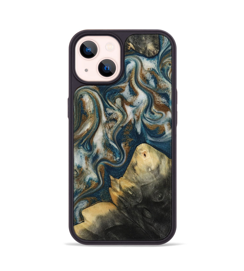 iPhone 14 Wood Phone Case - Ingrid (Teal & Gold, 815814)