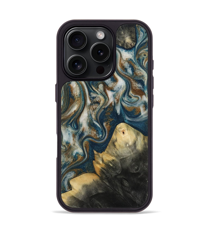 iPhone 16 Pro Wood Phone Case - Ingrid (Teal & Gold, 815814)