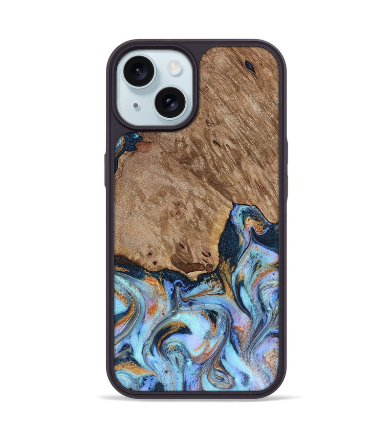 iPhone 15 Wood Phone Case - Tanesha (Teal & Gold, 816073)