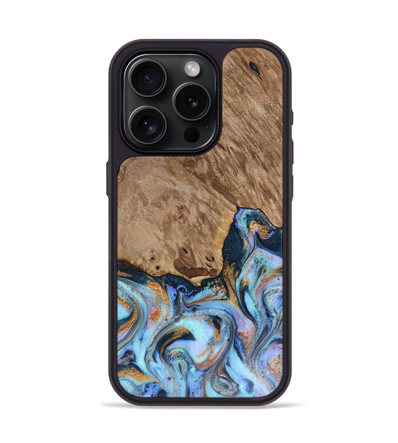 iPhone 15 Pro Wood Phone Case - Tanesha (Teal & Gold, 816073)