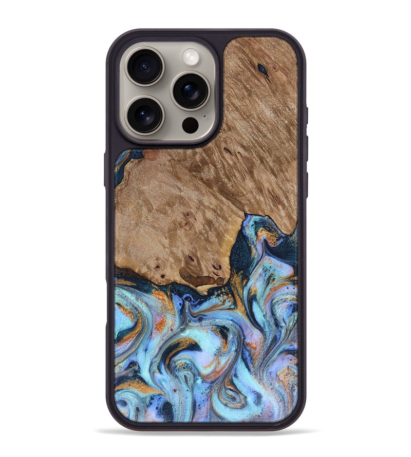 iPhone 16 Pro Max Wood Phone Case - Tanesha (Teal & Gold, 816073)