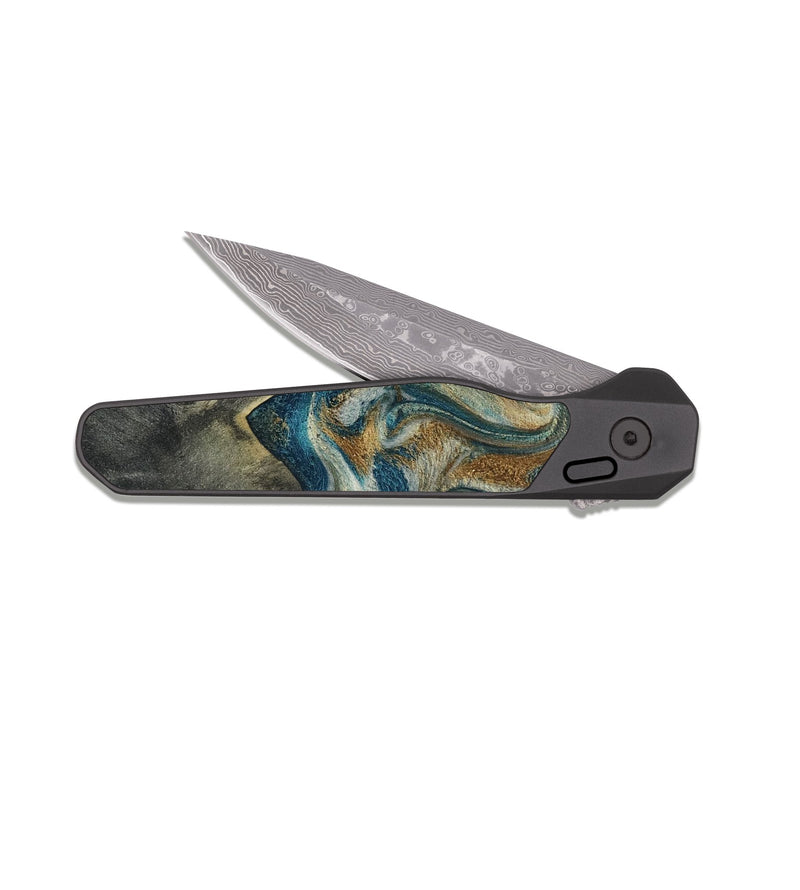 EDC Dark Damascus Wood Pocket Knife - Sylvia (Teal & Gold, 816075)