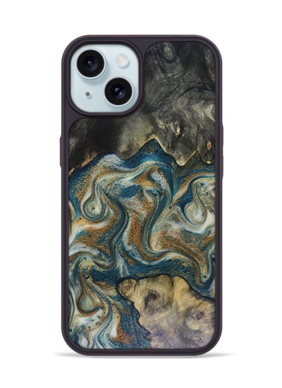 iPhone 15 Wood Phone Case - Sylvia (Teal & Gold, 816075)