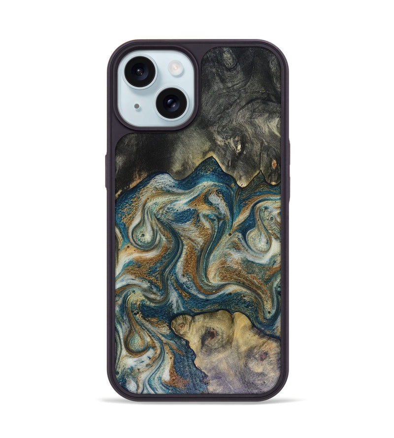 iPhone 15 Wood Phone Case - Sylvia (Teal & Gold, 816075)