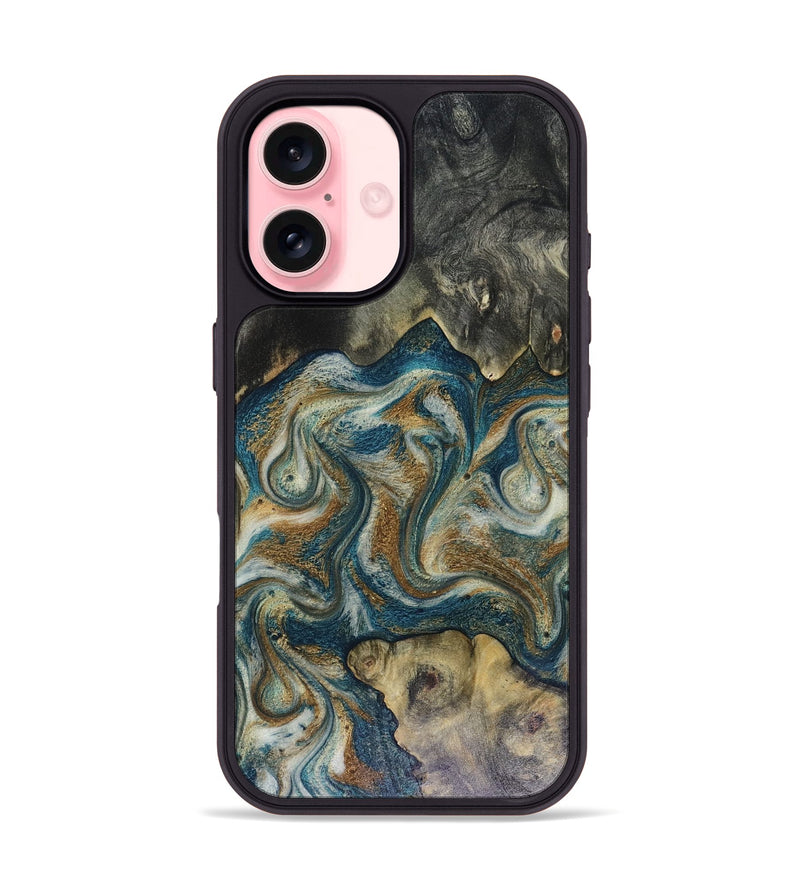 iPhone 16 Wood Phone Case - Sylvia (Teal & Gold, 816075)