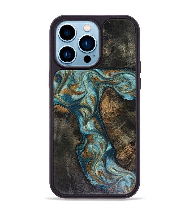 iPhone 14 Pro Max Wood Phone Case - Eulalia (Teal & Gold, 816076)