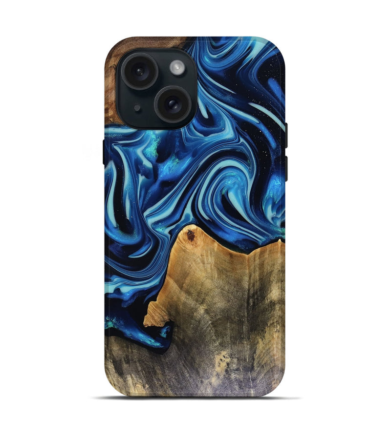 iPhone 15 Wood Live Edge Phone Case - Brandy (Blue, 816126)