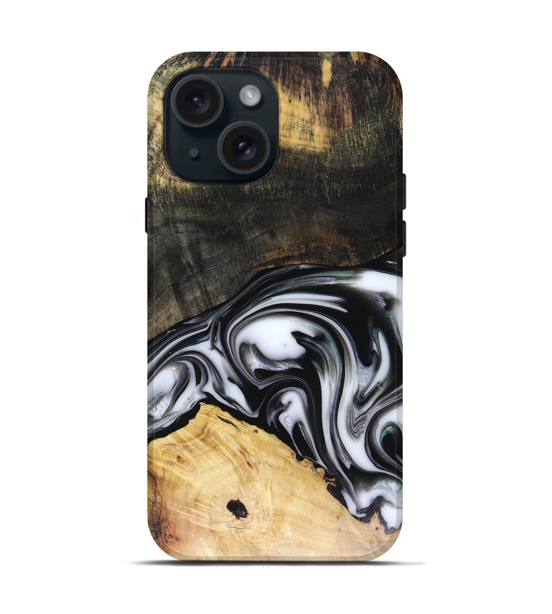 iPhone 15 Wood Live Edge Phone Case - Flora (Black & White, 816136)