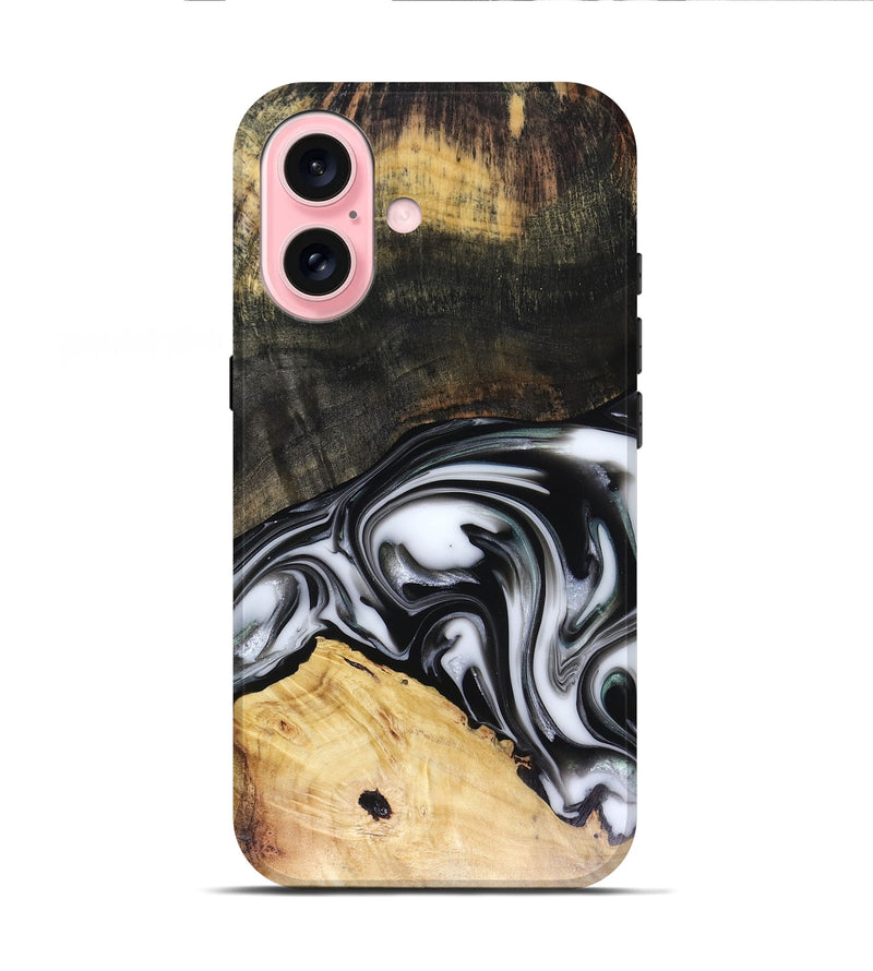 iPhone 16 Wood Live Edge Phone Case - Flora (Black & White, 816136)