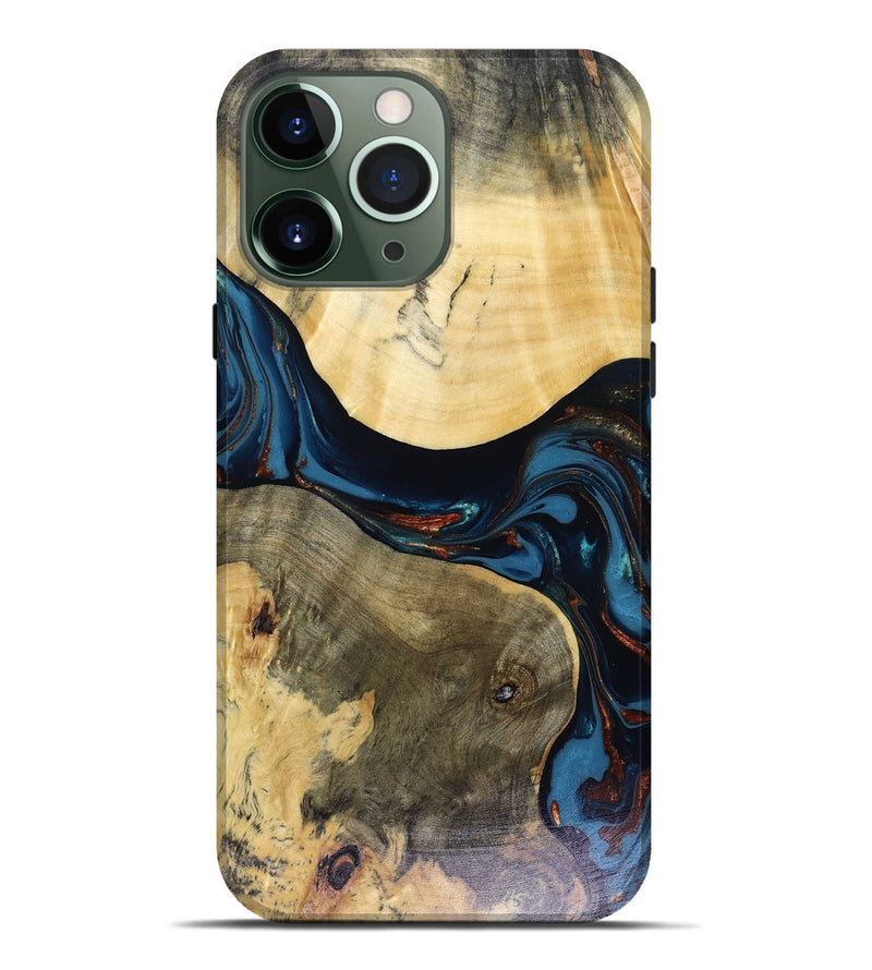 iPhone 13 Pro Max Wood Live Edge Phone Case - Melinda (Teal & Gold, 816148)