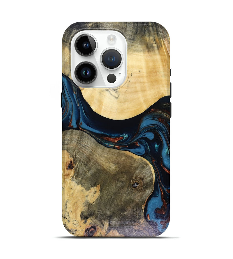 iPhone 15 Pro Wood Live Edge Phone Case - Melinda (Teal & Gold, 816148)