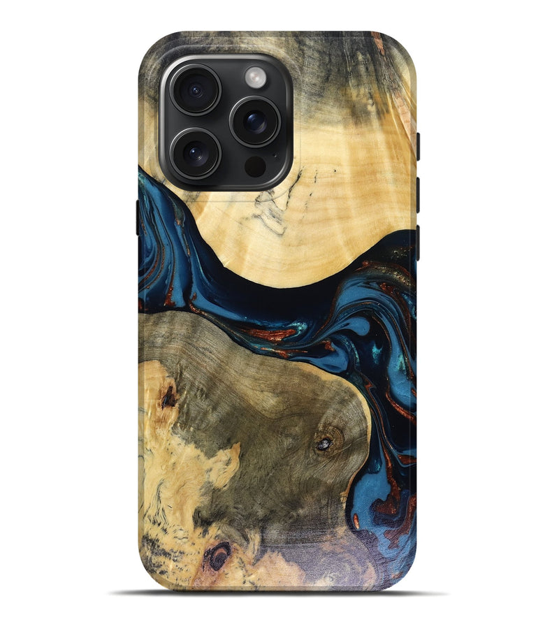 iPhone 16 Pro Max Wood Live Edge Phone Case - Melinda (Teal & Gold, 816148)