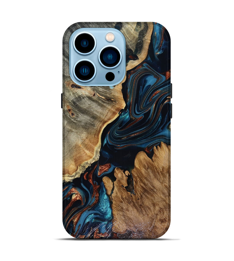 iPhone 14 Pro Wood Live Edge Phone Case - Rachael (Teal & Gold, 816163)
