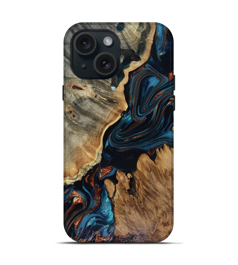 iPhone 15 Wood Live Edge Phone Case - Rachael (Teal & Gold, 816163)
