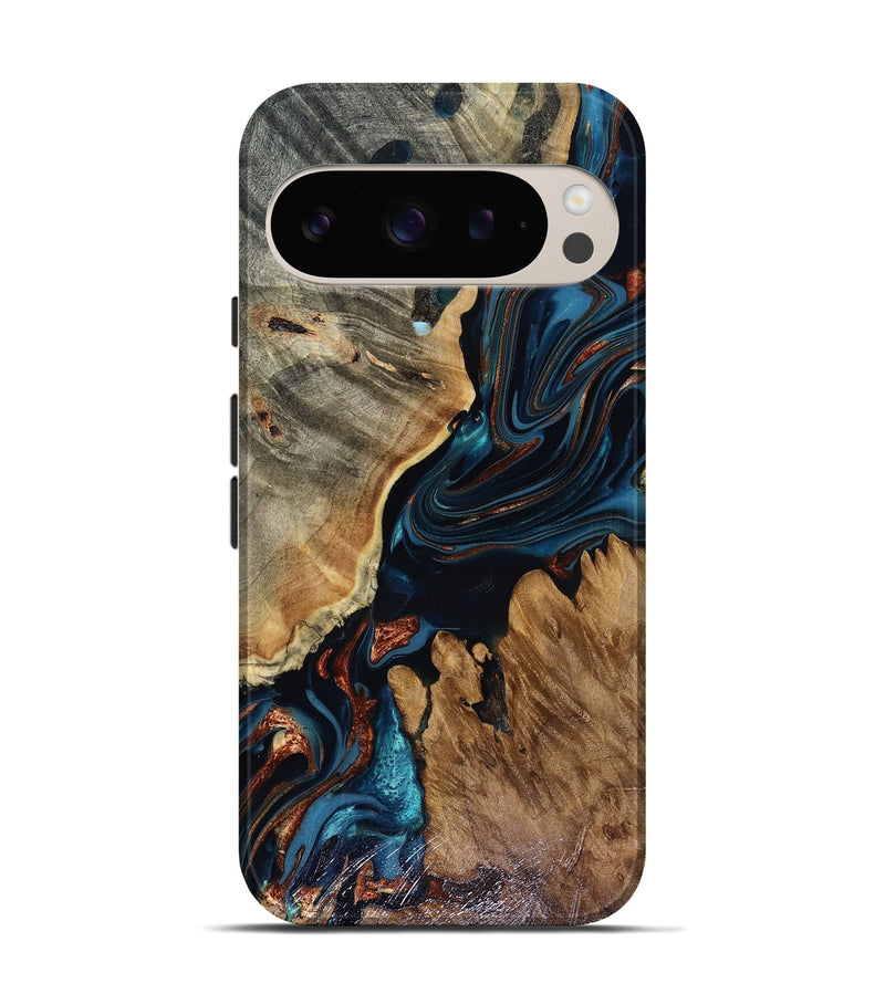 Pixel 9 Pro Wood Live Edge Phone Case - Rachael (Teal & Gold, 816163)